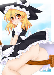 anus ass blonde_hair blush bow braid broom brown_eyes error female hat highres human marisa_kirisame no_panties pussy pussy_juice side_braid solo sweatdrop tiny_anus touhou witch_hat yami_nabe