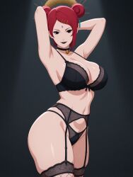 ai_generated arm_behind_head bell_choker big_hips black_eyes black_lips bow bra choker cleavage collarbone curvy_hips double_bun facial_mark female fishnet_thighhighs forehead_mark from_side garter_belt garter_straps goth hair_bun hair_ornament hairclip hairpin head_up jewelry lace_lingerie large_breasts lingerie lipstick looking_above modeling_pose panties seductive seductive_smile short_hair thick_thighs uzumaki_mito