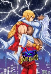 1boy ass ass_grab blonde_hair blue_eyes blush boots breasts breasts_out cape cityscape clothed_sex clothes_pull clothing crossover dark-skinned_female dark_nipples dark_skin deep_skin earrings electricity female fingerless_gloves gloves grabbing_another's_ass interracial jacket jewelry ken_masters lady_fantasma large_breasts leg_lock leotard lifting_person light_areolae lightning long_hair male manly marvel marvel_comics muscular muscular_female night nipples open_mouth pants pants_pull ponytail rain sex sky storm storm_(x-men) straight street_fighter thigh_boots thighhighs torn_clothes upright_straddle vaginal_penetration white_footwear white_hair x-men
