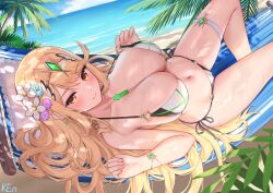 bare_shoulders beach bikini blonde_hair blue_sky blush breasts brown_eyes chest_jewel cleavage closed_mouth cloud collarbone day earrings female flower hair_flower hair_ornament halterneck hammock highres jewelry ken-san large_breasts long_hair looking_at_viewer lying mythra mythra_(xenoblade) navel ocean on_back on_hammock outdoors palm_tree sand sky smile solo stomach swept_bangs swimsuit thigh_strap thighs tree very_long_hair water wet white_bikini xenoblade_chronicles_(series) xenoblade_chronicles_2 yellow_eyes