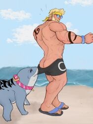 ass_exposed ass_focus bara bara_ass barazoku beach beach_background beard big_arms big_calves big_muscles blonde_hair collar jeff_the_land_shark land_shark land_shark_(species) marvel marvel_comics marvel_rivals muscular muscular_back muscular_male pink_collar pinup pinup_pose pulling_clothes pulling_shorts pulling_shorts_down pulling_swimsuit sandals spooky88 sunglasses surprised_expression swimwear tattoos thor_(marvel) thor_(marvel_rivals) thor_(series)