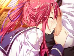 akatsuki_works_hibiki amagase_yuuki blue_eyes blush censored closed_eyes cum cum_on_clothes cum_on_hair facial lovely_x_cation pink_hair school_uniform sweat