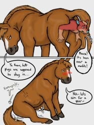 absurd_res anal anal_sex anal_vore anthro anthro_on_feral anus ass blue_ears blue_eyes blue_nose brown_body brown_fur bulge canid canine canis dialogue digital_media_(artwork) duo endosoma equid equine feral fur hair hgythshs hi_res horse larger_feral living_buttplug living_insertion male male/male mammal nude partially_inside penetration red_wolf safe_vore simple_background sitting size_difference smaller_anthro tail text tula_wolf vore wolf zoophilia