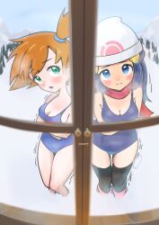 2girls beanie black_thighhighs blue_eyes blue_hair blue_one-piece_swimsuit blush boots breasts breath cleavage closed_mouth cold crossed_arms dawn_(pokemon) day eyelashes green_eyes hair_ornament hairclip hat kasumi_(pokemon) long_hair looking_at_viewer medium_breasts microsd_(pibo) multiple_girls nintendo one-piece_swimsuit open_mouth open_window orange_hair outdoors poke_ball_print pokemon pokemon_dppt pokemon_rgby red_scarf scarf school_swimsuit short_hair side_ponytail snow standing swimsuit thighhighs trembling window