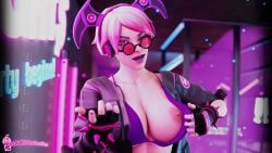 1girls 2025 3d areolae artist_name blue_eyes bra bra_lift breasts breasts_out callisto_(fortnite) clothed clothing female female_only fingerless_gloves fortnite glasses gloves hand_on_breast headphones light-skinned_female light_skin looking_at_viewer nipples partially_clothed pink_hair pinkmilkshake presenting presenting_breasts solo video_games wink