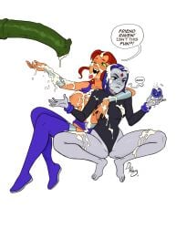 2girls annoyed annoyed_expression annoyed_face beast_boy boots breasts bukkake clothed clothing_lift cum cum_in_mouth cum_on_body cum_on_face dc dc_comics english english_text female green_eyes happy horsecock hovering purple_hair raven_(dc) red_hair starfire teen_titans thedirtymonkey tongue_out white_background zoophilia