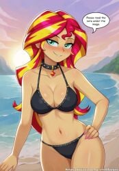 1girls 2025 5_fingers ai_generated aipajac bare_shoulders beach beach_background belly big_breasts bikini black_bikini black_panties black_swimsuit blush civitai civitai_url cleavage curvy curvy_female deviantart deviantart_link english_dialogue english_text equestria_girls eyebrows eyebrows_visible_through_hair faringe female female_protagonist first_porn_of_artist green_eyes hand_on_hip human humanized humanized_pony inner_sideboob large_breasts light-skinned_female long_hair looking_at_viewer navel pink_nails red_and_yellow_hair sea seductive seductive_look seductive_smile shiny_skin smile solo speech_bubble spiked_collar sun sunset sunset_shimmer talking_to_viewer two_tone_hair western_cartoon