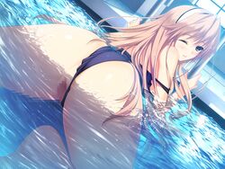 akatsuki_works_hibiki ass blonde_hair blush censored long_hair lovely_x_cation swimsuit tsukioka_misasa water wink