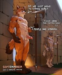 animal_genitalia anthro balls canid canine canis casual_nudity dialogue draygoezz duo english_text erection fox fur genitals glans grey_body grey_fur guard halberd hi_res humanoid_genitalia humanoid_penis male mammal melee_weapon orange_body orange_fur penis penis_tip polearm sheath standing text weapon wolf