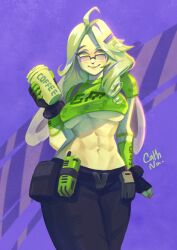 1girls abs anthro asha_(zenless_zone_zero) big_breasts big_ears big_thighs blush breasts cath_sodium coffee cream_fur crop_top drink female furry glasses gloves green_clothing green_eyes hairpin highlights holding_drink hoyoverse long_hair midriff npc_(zenless_zone_zero) purple_highlights rabbit_ears rabbit_girl rabbit_nose shirt_too_small six_pack smile thiren underboob undersized_clothes wide_hips zenless_zone_zero
