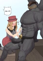 1boy abs absurdres blonde_hair blue_eyes blush censored colored_skin dark-skinned_male english_commentary english_text extra_arms faceless faceless_male female grey_skin hat height_difference highres large_penis long_hair looking_at_penis machamp mosaic_censoring muscular muscular_male penis penis_awe pokemon pokemon_(creature) pokemon_xy pokephilia red_hat red_skirt serena_(pokemon) skirt speech_bubble straight testicles wjs07