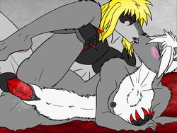 anthro black_gentials blonde_hair blush canine dragon dragonofdarkness13 ed_ryujin fur furry hair kissing penis pussy red_penis sex wolf wolfskull