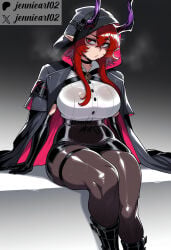 1girl ai_generated arknights artist_name ascalon ascalon_(arknights) black_cape black_choker black_footwear black_gloves black_jacket black_pantyhose black_skirt boots bra_visible_through_clothes breasts brown_pantyhose character_name choker closed_mouth clothing demon_girl demon_horns elbow_gloves female female_only footwear gloves gradient_background hair_between_eyes high-waist_skirt hood hood_up hooded_cape horns jacket jennieart02 knee_boots large_breasts long_hair looking_at_viewer miniskirt pantyhose patreon patreon_logo patreon_username pencil_skirt pointy_ears purple_horns red_eyes red_hair shaded_face shirt shirt_tucked_in sitting skirt solo sweat thick_thighs thigh_strap thighs twitter twitter_username two-sided_fabric watermark white_shirt
