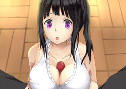 bare_shoulders black_hair breast_squeeze breasts censored chitanda_eru cleavage female hyouka long_hair looking_at_viewer male open_mouth paizuri paizuri_under_clothes penis ponytail purple_eyes spread_legs straight swimsuit tied_hair