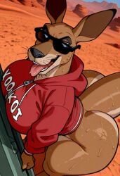 ai_generated anthro anthrofied ass australia bottomless breasts butt_crack buttocks civitai desert female high_angle huge_breasts huge_butt jackie_legs kangaroo kangaroo_jack kangaroo_tail looking_at_viewer mtf_crossgender red_hoodie rule_63 solo sunglasses sweat tongue tongue_out
