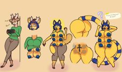 6_breasts animal_crossing ankh ankha_(animal_crossing) anthro antlers areola ass big_breasts big_butt blue_areola blue_hair blue_lips blue_nipples blush bob_cut bottomwear breast_growth breasts character_name clothing deer dialogue_box domestic_cat english_text felid feline felis female firepawdacat_(artist) fur genitals green_clothing green_shirt green_topwear growth hair hi_res horn huge_butt huge_thighs knock-kneed lips mammal markings multi_breast multi_breast_growth nintendo nintendo_switch nipples onomatopoeia pants ring_(marking) ringed_tail shirt solo sound_effects striped_markings striped_tail stripes tail tail_markings text thick_thighs topwear torn_bottomwear torn_clothing torn_pants torn_shirt torn_topwear transformation transformation_sequence vulva wide_hips yellow_body yellow_fur
