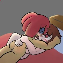 after_sex art_request blushing_female cuddling doll_girl female female_on_bottom female_on_top fercholito glitch_productions grey_background jester_girl looking_each_other naked_female on_bed pomni pomni_(the_amazing_digital_circus) ragatha_(the_amazing_digital_circus) red_hair_female tagme the_amazing_digital_circus twitter yuri