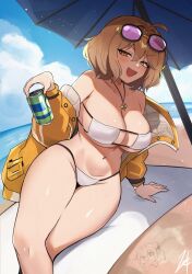 ahoge anis_(nikke) anis_(sparkling_summer)_(nikke) aviator_sunglasses bare_shoulders beach bikini blue_sky blush breasts brown_hair can cleavage cloud collarbone doro_(nikke) drink_can eyepatch_bikini eyewear_on_head female goddess_of_victory:_nikke highres holding holding_can jacket jewelry large_breasts looking_at_viewer navel necklace ocean official_alternate_costume open_mouth pink-tinted_eyewear purple-tinted_eyewear short_hair sky smile soda_can solo star_(symbol) star_necklace stomach sunglasses swimsuit tinted_eyewear towel umbrella water white_bikini yellow_jacket zet_(twt_zet)