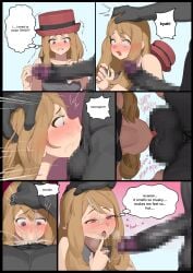 1boy abs absurdres blonde_hair blue_eyes blush censored colored_skin dark-skinned_male deepthroat english_commentary english_text fellatio female grey_skin hat height_difference highres irrumatio large_penis long_hair looking_at_penis machamp mosaic_censoring muscular muscular_male oral penis penis_awe pokemon pokemon_(creature) pokemon_xy pokephilia red_hat red_skirt serena_(pokemon) skirt speech_bubble straight testicles wjs07