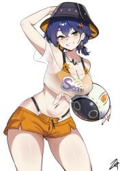 1girls ball bare_shoulders belle_(summer_skies)_(zenless_zone_zero) belle_(zenless_zone_zero) black_hat black_nails blue_hair blush bowl bowl_hat breasts cleavage clothes_writing commentary earrings eyelashes female front-tie_top green_eyes hair_ornament hand_on_headwear hat highres holding holding_ball jewelry midriff nail_polish navel necklace official_alternate_costume orange_shorts orange_tube_top shiny_skin shirt short_shorts short_sleeves shorts signature simple_background smile solo strapless teeth tube_top white_background white_shirt zenless_zone_zero zet_(twt_zet)