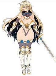 arm_armor armor blonde_hair blue_eyes breastplate breasts chains cleavage corset elbow_gloves female full_body gloves groin head_ornament highleg highleg_leotard holding holding_sword holding_weapon knight large_breasts leg_armor leotard long_hair looking_at_viewer navel no_panties original pelvic_curtain revealing_clothes solo standing sword thighhighs wakura_(gcdan) weapon