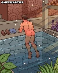 1boy ass background human male mexicartist no_visible_genitalia nude nude_male original peaceful plant plants pool sandals solo_human solo_male sunlight towel