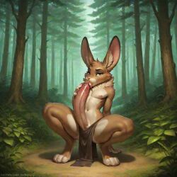 ai_generated anthro bunny claws erection forest_background furry loincloth looking_at_viewer male male_only naked nipples outdoors outside paws penis self_lick selfsuck sitting solo_male topless yaoi