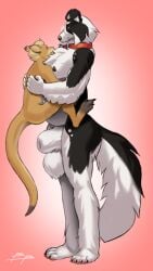 3_toes 4_toes 5_fingers amber_eyes animal_genitalia anthro anthro_on_anthro areola arm_markings balls big_balls big_sheath biped black_body black_claws black_ears black_finger_claws black_fur black_toe_claws blonde_eyebrows blonde_hair blue_(blueblaster) blue_eyes blueblaster border_collie brown_areola brown_body brown_fur brown_nipples brown_nose button_ears canid canine canis carrying_another claws closed_smile collar collie countershade_arms countershade_face countershade_fur countershade_tail countershade_torso countershading digital_media_(artwork) dipstick_ears dipstick_tail domestic_dog duo ear_markings eye_contact eyebrows eyewear feet finger_claws fingers floppy_ears full-length_portrait fully_sheathed fur fur_markings genitals glasses hair hand_on_another's_back herding_dog hi_res hip_markings hug huge_balls huge_sheath hugging_another humanoid_hands interspecies kangaroo larger_anthro larger_male leg_markings looking_at_another macropod male male/male male_anthro mammal markings marsupial mouth_closed multicolored_body multicolored_ears multicolored_fur narrowed_eyes nipples nude nude_anthro nude_male pastoral_dog pawpads pince-nez pink_background pink_pawpads plantigrade portrait red_collar round_glasses sheath sheepdog shoulder_markings signature simple_background size_difference slightly_chubby slightly_chubby_anthro slightly_chubby_male smaller_anthro smaller_male smile smiling_at_another standing tail tail_markings tan_body tan_countershading tan_fur tan_inner_ear three-quarter_view toe_claws toes two_tone_body two_tone_fur wearing_glasses white_body white_countershading white_fur white_inner_ear wide_hipped_anthro wide_hipped_male wide_hips zed_roo