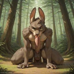 ai_generated anthro bunny claws erection forest_background furry loincloth looking_at_viewer male male_only naked nipples outdoors outside paws penis self_lick selfsuck sitting solo_male standing_doggy_style topless yaoi