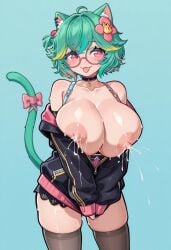1girls 2025 :p ai_generated alternate_version_available animal_ear_fluff animal_ears areola black_stockings breasts_out breasts_out_of_clothes breasts_outside cat_ears cat_tail choker civitai cleavage devilcunt female glasses green_hair huge_breasts lactating lactating_nipples lactation lactation_without_stimulation nipples pink_eyes rosedoodle_(vtuber) simple_background solo standing stockings thick_thighs thighs tongue tongue_out vchiban virtual_youtuber