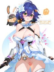 :< ? areola_slip bangboo_(zenless_zone_zero) belle_(zenless_zone_zero) black_gloves blue_hair breasts cameltoe censored cleft_of_venus company_connection cosplay crossover dress eous_(zenless_zone_zero) female flower genshin_impact gloves green_eyes hair_flower hair_ornament high-low_dress highres holding holding_sword holding_weapon large_breasts letter_hair_ornament light_particles looking_at_viewer lumine_(genshin_impact) lumine_(genshin_impact)_(cosplay) mihoyo mistsplitter_reforged_(genshin_impact) mosaic_censoring no_panties pussy reverse_grip short_hair solo sphere_hair_ornament spoken_question_mark strapless strapless_dress sword thighhighs underwear waterring weapon white_background white_dress white_sleeves white_thighhighs zenless_zone_zero