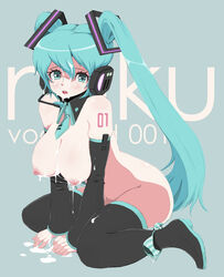 1girls aqua_eyes aqua_hair breasts bukkake cum cum_on_body cum_on_clothes cum_on_hair cum_on_upper_body detached_sleeves facial female hatsune_miku headphones high_resolution large_breasts naked_thighhighs necktie nude panties panties_around_one_leg puffy_nipples sitting solo thighhighs tied_hair towashibuki twintails underwear vocaloid