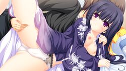 black_hair blush breast_grab breasts game_cg japanese_clothes lunaris_filia mikagami_mamizu minase_yukari nipples no_bra panties purple_eyes underwear whirlpool