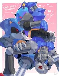 5_fingers anal anal_sex anthro ball_tattoo balls black_sclera blue_body blush chaos_sonic duo eulipotyphlan exclamation_point fingers genital_tattoo genitals gradient_background grey_body hand_on_butt hand_on_leg heart_symbol hedgehog hi_res light lighting looking_at_another looking_at_partner machine male male/male mammal mechanical_penis mechanical_tail metal_sonic metallic_body motion_lines mouthless one_eye_closed penetration penis pink_background pointy_ears polarisart prick_ears red_eyes robot robot_anthro sega shaded signature simple_background sonic_the_hedgehog_(series) tattoo white_background