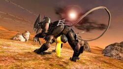 3d_(artwork) absurd_res animal_genitalia animal_penis backsack balls ballsack barbed_wire black_balls black_body blade_wolf canid canine canine_genitalia canine_penis claws digital_media_(artwork) digitigrade dutch_angle erection feral genitals hi_res knife knot knotted_penis konami long_tail machine male mammal metal_gear metal_gear_rising:_revengeance on_model open_mouth outside penis platinumgames quadruped robot robot_feral rock solo source_filmmaker_(artwork) sun tail tongue tongue_out vein veiny_penis yellow_eyes yellow_penis zelyonka