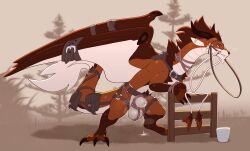 2025 absurd_res accessory animal_genitalia bag ball_rope balls barbel_(anatomy) bodily_fluids bondage bound brown_body brown_fur bucket canid canine canis cheek_tuft claws container digitigrade dragon drak_(brittonthebuck) dripping ear_piercing facial_tuft fence feral fully_sheathed fur furgonomics genital_fluids genital_rope genitals glaredendriago halter hands_tied harness hi_res horn hybrid looking_at_viewer male male_feral mammal membrane_(anatomy) membranous_wings musk musk_clouds musky_balls mythological_creature mythological_scalie mythology outside piercing plant precum precum_drip precum_on_ground reins restraints rope rope_around_balls rope_around_neck rope_bondage scalie sheath solo tail tail_accessory tail_bag tail_tuft tan_balls toe_claws tree tuft wings wings_tied wolf yellow_eyes