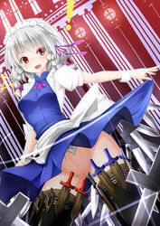 /\/\/\ :o black_legwear blush column dutch_angle female from_below highres holster inu3 knife maid maid_headdress mound_of_venus no_panties open_mouth pillar pussy red_eyes sakuya_izayoi silver_hair skirt skirt_lift solo thigh_holster thighhighs touhou wrist_cuffs