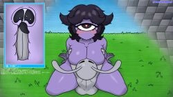 absurd_res alice_alien_(whygenamoon) alien anthro blush blush_lines bodily_fluids breasts cowgirl_position cum cum_inside cyclops duo ejaculation erection female from_front_position genital_fluids genitals grass grey_body grey_skin heart_eyes heart_symbol hi_res humanoid_genitalia humanoid_penis male male/female on_bottom on_top penis plant purple_body purple_skin roswell_grey sex vaginal_penetration whygenamoon x-ray_view