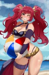 1girls ball beach beachball belt bikini black_bikini black_choker blue_sky breasts ceroccb choker cleavage cloud commentary english_commentary female fire_emblem fire_emblem_engage grin hair_ornament highres holding large_breasts long_hair looking_at_viewer nintendo ocean official_alternate_costume official_alternate_hairstyle one_eye_closed outdoors red_eyes red_hair sand sky smile solo star_(symbol) star_hair_ornament swimsuit thighs twintails very_long_hair water yellow_belt yunaka_(fire_emblem)