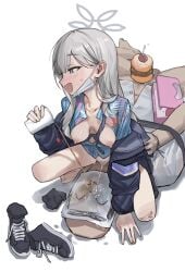 1boy armband black_necktie blue_archive blue_shirt bottomless breasts breasts_out cowgirl_position cup donut doodle_sensei_(blue_archive) erection female floral_print_shirt food golden_shower grey_eyes grey_hair grey_halo grey_jacket halo hawaiian_shirt highres holding holding_cup jacket konoka_(blue_archive) long_hair looking_to_the_side lying mask mask_pull mouth_mask necktie nipples no_panties on_back open_clothes open_jacket peeing pouring_onto_another purple_armband sawkm sensei_(blue_archive) shirt shoes surgical_mask unworn_shoes urine white_background white_mask