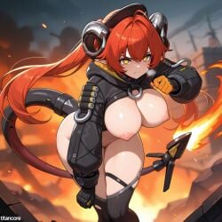 (titancore) ai_generated combat curvy_figure dragon_girl dragon_humanoid female fighting fighting_stance girl horns huge_breasts long_hair magus_(zenless_zone_zero) monster_girl naked open_clothes open_jacket orange_hair orphie_magnusson pointy_ears robotic_tail strong_female tail twintails video_game_character yellow_eyes zenless_zone_zero