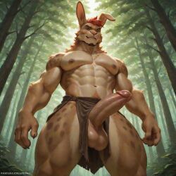 ai_generated anthro balls big_penis bunny claws erection forest_background furry loincloth looking_at_viewer low-angle_view male male_only naked nipples outdoors outside penis rabbit sitting solo_male topless yaoi