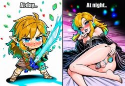 ai_art ai_generated anal_insertion ass_grab bare_legs before_and_after black_lipstick black_nails blue_eyes blue_hair blush butt_focus buttplug caged_cock chastity_cage chibi choker crossdressing day dress elf_ears femboy feminine_male feminization gold_hair heart_symbol legs_together lifting_clothing link link_(tears_of_the_kingdom) lipstick long_dress long_ears long_hair long_nails makeup master_sword multiple_versions_of_same_character multiple_views night nintendo novelai plug_(sex_toy) presenting_ass rupee seductive_look shaved_crotch split_screen submissive_femboy submissive_male sweat text the_legend_of_zelda