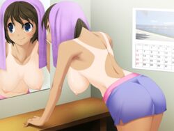 bathroom bent_over blue_eyes blush breasts brown_hair calendar_(object) cleavage closed_mouth dark-skinned_female drying drying_hair erect_nipples female female_only game_cg hands_on_head hanging_breasts human indoors inside koi_to_mizugi_to_taiyo_to large_breasts looking_at_viewer looking_back mirror navel nipples nude pov reflection room short_hair shorts smile solo sweat tan_lines text topless towel towel_on_head