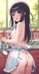 apron ass black_hair blue_eyes blurry blurry_background blush breasts character_request commentary copyright_request cowboy_shot day depth_of_field female highres holding holding_ladle indoors kitchen ladle long_hair looking_at_viewer looking_back median_furrow medium_breasts naked_apron open_mouth shirohisame smile solo standing straight_hair symbol-only_commentary turning_head white_apron