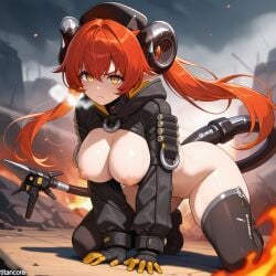 (titancore) ai_generated combat curvy_figure dragon_girl dragon_humanoid female fighting fighting_stance girl horns huge_breasts long_hair magus_(zenless_zone_zero) monster_girl naked open_clothes open_jacket orange_hair orphie_magnusson pointy_ears robotic_tail strong_female tail twintails video_game_character yellow_eyes zenless_zone_zero