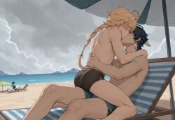 2025 2boys aether_(genshin_impact) ai_generated alternate_version_available ass beach beach_sex blonde_hair braid clouds cloudy cloudy_sky femboy gay genshin_impact kazu_ro kinich_(genshin_impact) kissing outdoor_sex outdoors outside outside_sex seaside sex testicles thighs twink yaoi