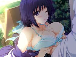 akatsuki_works_hibiki blue_hair blush bra breasts censored cum female large_breasts lovely_x_cation male nanasawa_yuni paizuri paizuri_under_clothes penis purple_eyes school_uniform straight underwear