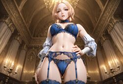 1girls ai_generated angela_(castlevania) blue_eyes blue_lingerie breasts castlevania dutch_angle female female_only gothic_architecture hand_on_hip indoors large_breasts lingerie looking_at_viewer orange_hair pale_skin pale_skinned_female seductive seductive_look short_hair thighs