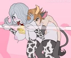 1boy 1girl1boy 1girls albino albino_female blush blushing braces breasts bulldog_position collar cow_bikini cow_print cow_print_bikini cowbell cowbell_collar danganronpa danganronpa:_trigger_happy_havoc danganronpa_3 failureofasavior female femboy femboy_on_female fujisaki_chihiro grabbing grabbing_bars grabbing_from_behind grabbing_object grabbing_partner horn kimura_seiko looking_at_partner male one_breast_out one_eye_covered one_eye_obstructed one_eye_visible open_mouth penetration short_hair short_hair_female short_hair_femboy short_hair_male simple_background sound_effects standing standing_sex stockings sweat sweating tagme tail tongue_out watermark